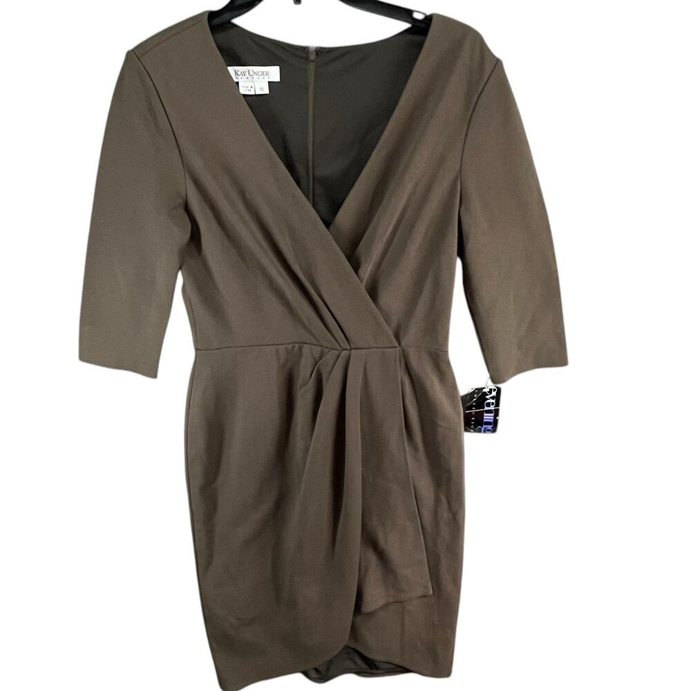 Kay Unger Dress Womens 10 Evening Collection‎ V Neck 3/4 Sleeve Ruched Party NEW